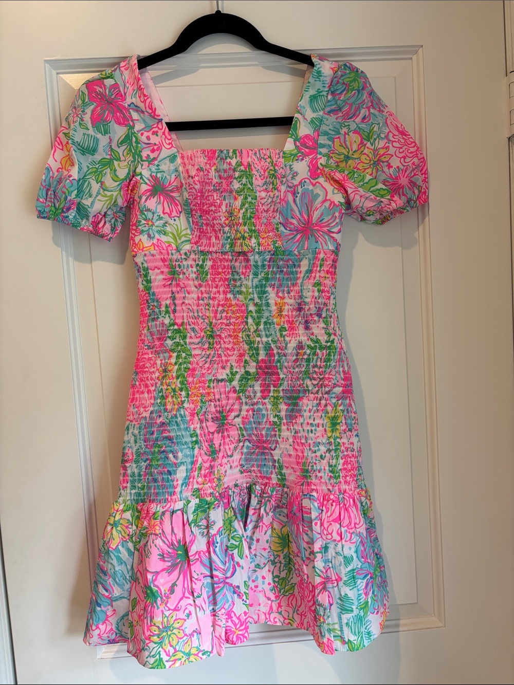 Lily Pulitzer Pink Floral Smocked Puff-Sleeve Dress, Size XXS